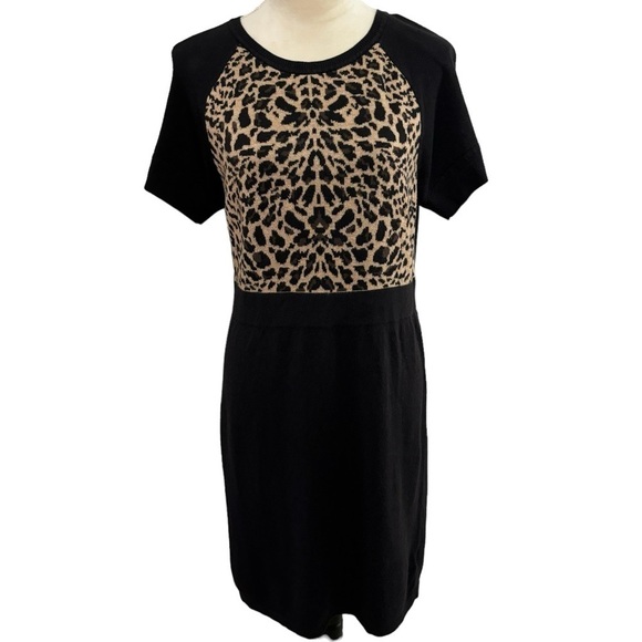 Worthington Black and Leopard Print Knit Short Sleeve Soft Sheath Dress Size L - Picture 1 of 9